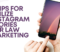 There is an unseen woman holding a phone. Beside the phone is the title of the article, "5 Tips for Utilize Instagram Stories for Law Marketing."